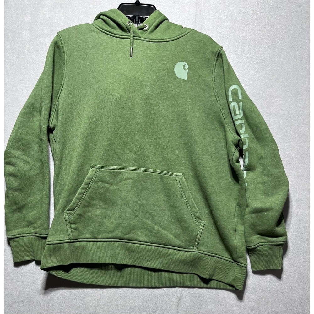 Carhartt XL 16-18 Relaxed Fit Green Logo Sleeve Pullover Hoodie Sweatshirt